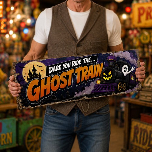 Ghost train wooden - train, sign