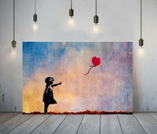 BANKSY SUNSET BALLOON GIRL -FRAMED CANVAS WALL ART GRAFFITI PRINT- MULTICOLOURED