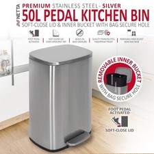 NETTA Kitchen Pedal Bin 50L with Inner Bucket, Brushed Stainles Grade A