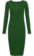 Womens Long Sleeve Plain Midi Dress Ladies Stretch Bodycon Jersey UK 8-26