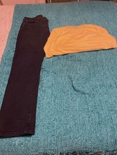 Jeff Banks mens Dark Blue Denim Trousers 36L and Yellow V Neck Pullover - Large 