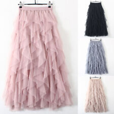 Women Elastic High Waist Ruffle Mesh Tulle Tutu Skirt Pleated Long Party Dress X