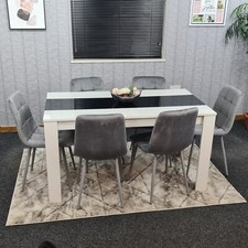 Kitchen Dining Table Set Of 6 Wooden Table Grey Velvet Tufted Chairs 