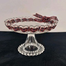 Clear Glass Cake Stand Frilled Edge Cupcake Fruit Serving Plate Tartan Ribbon