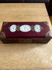 Beautiful Vintage Chinese Redwood Jewellery Box Brass Trim Jade Inlaid Design