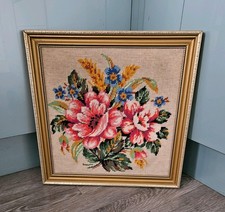 Vintage Handmade Completed Needle Point Tapestry Framed Floral 16" Square 