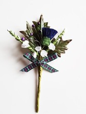 SCOTTISH PURPLE THISTLE WITH WHITE HEATHER & TARTAN RIBBON - BUTTONHOLES WEDDING