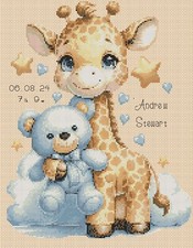 New Baby teddy & giraffe Birth Sampler blue Cross Stitch Chart flowerpower37-uk