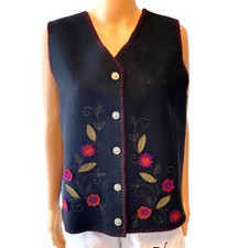 VTG Lemon Grass Wool Nylon Floral Embroidery Vest Women Sz M Old Money Holiday