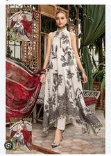 Maria B Mprints Stitched Size Small 3 Piece White Grey And Red Dupatta New