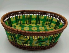 Vintage 70s Wicker Bread Basket With Green Yellow Ribbon and Lining Oval Prop