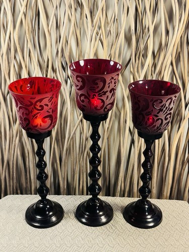 Frosted red glass hurricane - frosted,