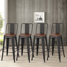 Rustic Black 4pcs High Bar Stools Tall Pub Kitchen Breakfast Chairs Counter Seat