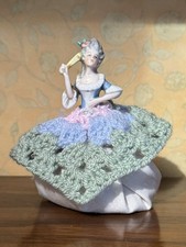 Vintage Half Doll China Pottery Figurine Fabric Base Pin Cushion #SPR172