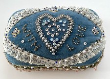 ANTIQUE WW1 FORGET ME KNOT, WITH LOVE, SWEET HEART PIN CUSHION.BEADED DECORATIVE