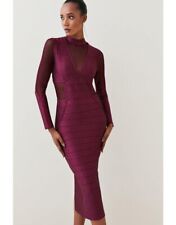 Karen Millen Sparkle Bandage Knit Long Sleeve Midi Dress Uk S 8 10 Burgundy