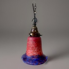 Original English Art Nouveau c.1901 Brass Ceiling Pendant Lamp With Glass Shade