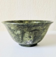 Antique Chinese Small Veined Spinach Jade Footed Bowl Hand Carved 9.8cm Diameter