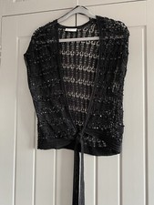 BHS Black Sequinned Sleeveless Bolero Tie Front Size 8/10 VGC Open Knit Evening