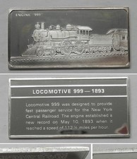 B596  1893 ENGINE 999 Locomotive Franklin Mint 60g Sterling Silver Ingot