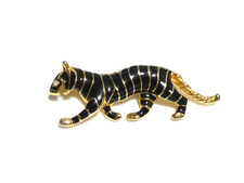 Goldtone Black Enamel & Clear Crystal Eye Walking Tiger Animal BROOCH