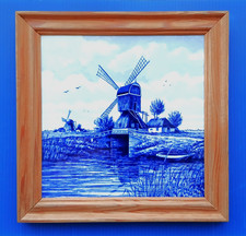 Framed Delft Tile - Blue & White Dutch Windmill Scene