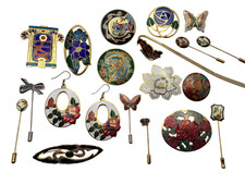 Vintage Cloisonné Enamel Brooches Earrings & Stick Pins Jewellery Collection x19