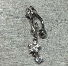 925 Sterling Silver CZ Flower Dangle Sparkly Reverse Belly Bar Piercing
