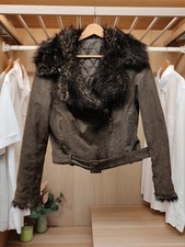 BAY COAT JACKET UK 12 BROWN 100% REAL LEATHER FAUX FUR COLLAR ZIP UP BIKER CROP