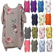 Ladies Italian Floral Linen Baggy Top Tunic Women Summer Lagenlook Top Plus Size