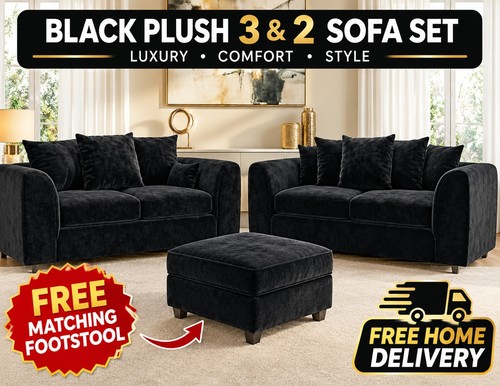 Sofa set black plush - 3&2,