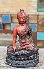 Tibetan Style Buddha Statue 21cm Seated with Bowl Dragon Robe & Mantra Script