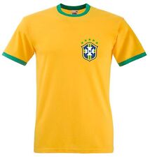 Retro Brazil Ringer T Shirt. Slim fit Brazilian Soccer Football Tee. S to 3XL