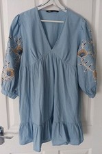 Zara Linen Blend Embroidered Blue Dress Size Small Pit-pit 20" L32"