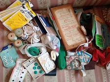 Vintage Haberdashery, Buttons, Box, Cotton Reels, Needless, Snaps & Tape