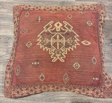 Handwoven Kilim Cushion With Brown Leather 45x45cm Red Tan Maroccan Tribial