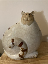Southwold Pottery Large Ceramic Smiling Cat Figurine Brown With Stripes 24cm