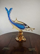 Vintage Jico Murano Italian Art Glass Blue White Fish Figurine On Pedestal Base 