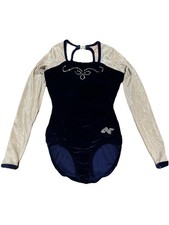 Alpha Factor Leotard Youth 6 Long Sleeve Velvet & Shimmer Rhinestones Navy USA