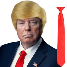 Blonde USA President Donald Trump Fancy Dress Wig, Red Tie Set