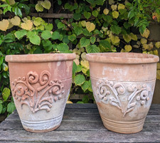 Vintage Scarce Pair Of Hand Thrown Highly Decorative Terracotta Pots