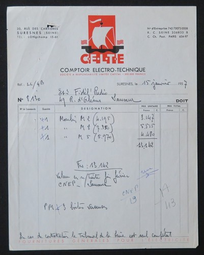 1957 celte invoice - 1957, electro