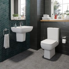 Bathroom Cloakroom Suite Toilet Close Coupled WC Basin Sink Semi Pedestal White
