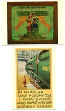 TWO UNUSED COLOURED POSTCARDS FEATURING OLD RAILWAY POSTERS