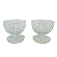 Vintage Dessert Glass x2 Glasses Pair Etched Design Wide Shallow Prawn Cocktail