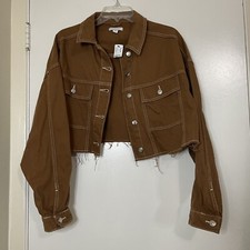 NEW Topshop brown denim cropped cutoff button down shirt size US 10