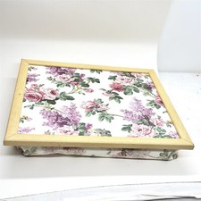 FLORAL CUSHION LAP TRAY ROSE LILAC PRINT HARD TOP WOODEN FRAME BEANBAG BASE