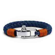 Men's Nautical Rope Bracelet Steel D-Clasp Navy Blue Braided Rope & Orange 19cm