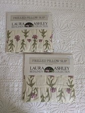 New TWO VINTAGE LAURA ASHLEY PLUM/SAGE/CREAM DANDELION FRILLED PILLOW SLIPS