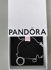 Pandora silver necklace & matching earrings stone studded circle cut out hearts
